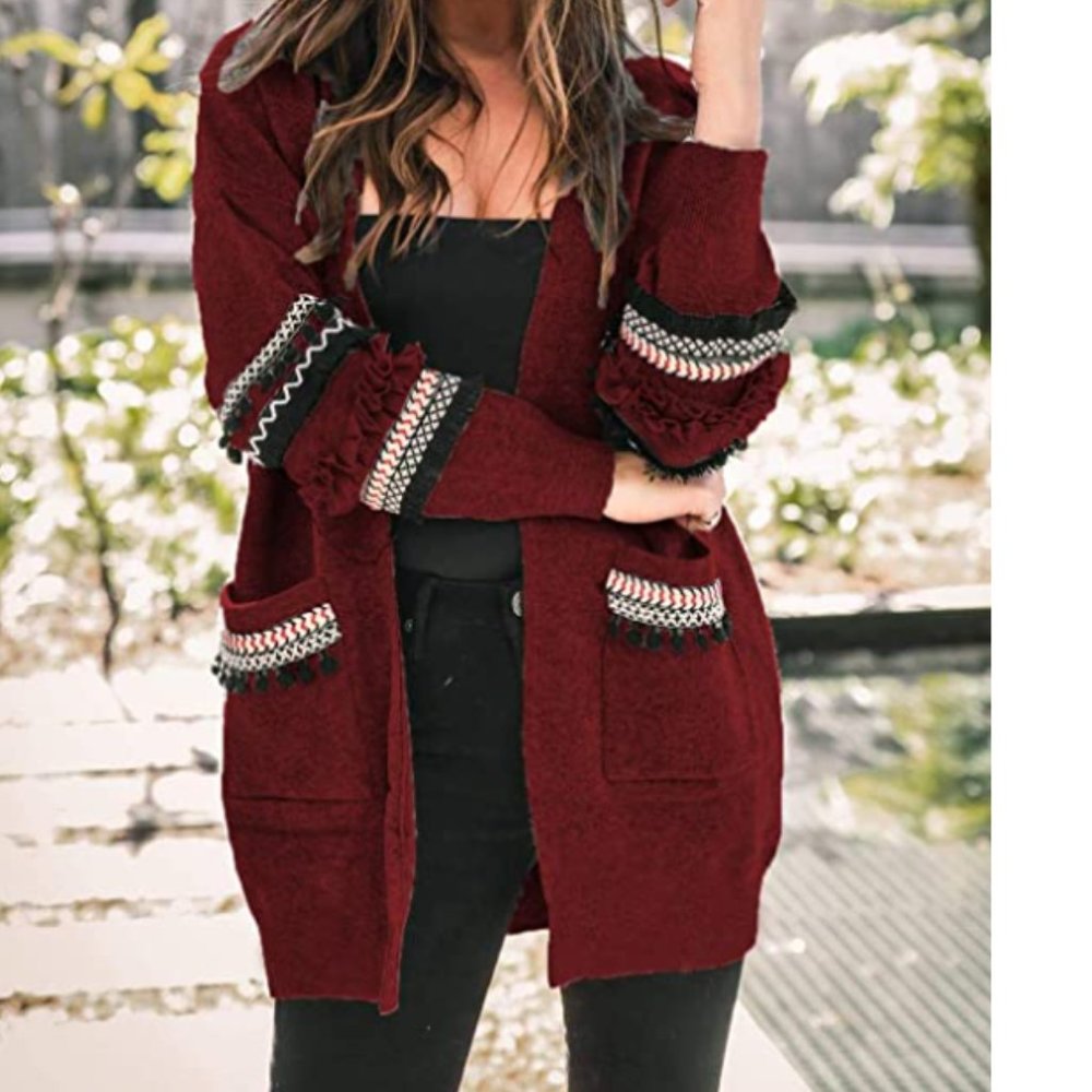 NWT Tribal Print Wine Ruffle Pocket Open Cardigan - Picture 2 of 4